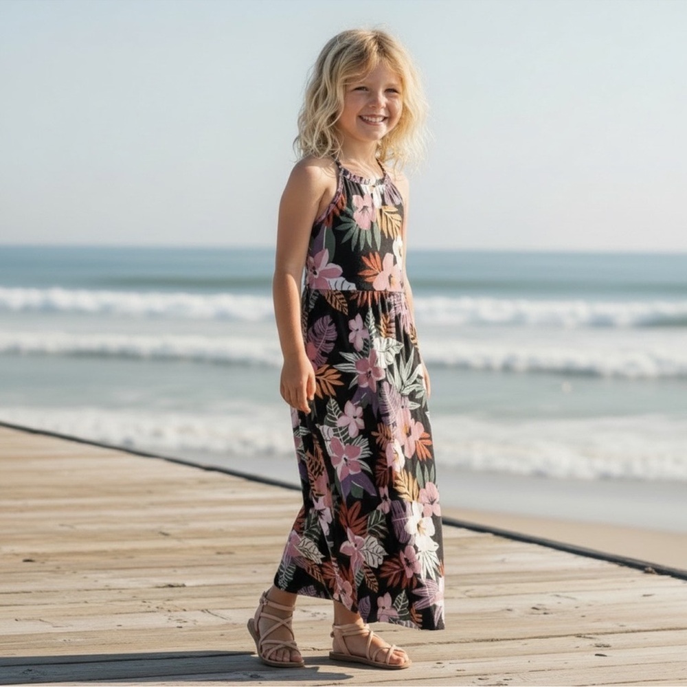 NWT Bixby Nomad x Stitch Fix Kids Girls Black Floral Tropical Maxi Dress